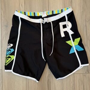 Vintage Y2K Womens Roxy Black Swim Shorts with Blue and Green Accents Sz 7